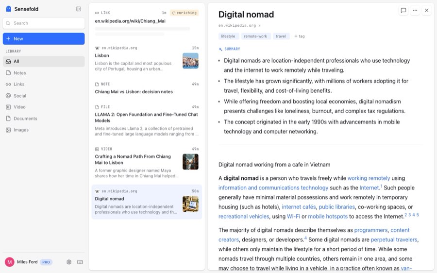 The Sensefold web app: the library list on the left with a link still enriching, and a saved Wikipedia article open in the reader with its summary and tags.