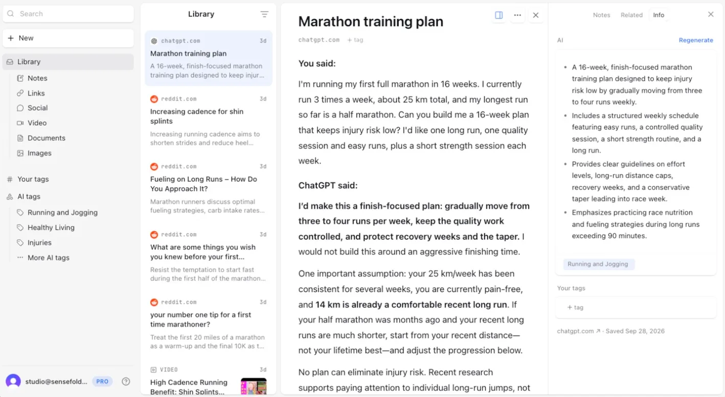 The Sensefold macOS app with a saved ChatGPT conversation titled 'Marathon training plan' open: the 'You said' and 'ChatGPT said' turns in the reader, and on the right an AI summary in four bullets and a 'Running and Jogging' tag. The library list beside it shows Reddit threads on cadence, fueling and first-marathon tips.