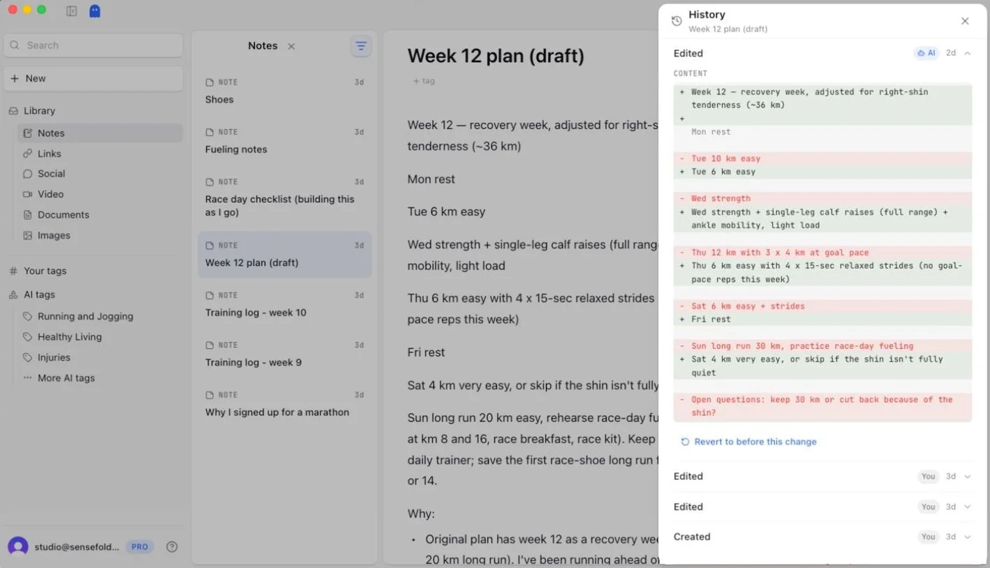 The History drawer for 'Week 12 plan (draft)' in the Sensefold macOS app: an 'Edited' entry marked AI expanded to show a diff, with a 'Revert to before this change' link under it and the earlier versions below. Removed lines in red, such as 'Tue 10 km easy' and 'Thu 12 km with 3 x 4 km at goal pace'; added lines in green, such as 'Week 12 — recovery week, adjusted for right-shin tenderness (~36 km)' and 'Wed strength + single-leg calf raises (full range) + ankle mobility, light load'.