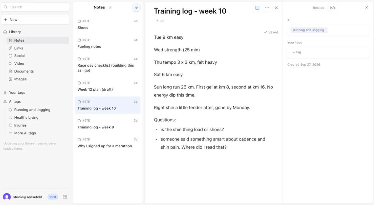 A note titled 'Training log - week 10' in the Sensefold macOS app: the week's runs, a 26 km long run with gels at km 8 and km 16, a tender right shin afterwards, and two open questions: is the shin thing load or shoes, and where did I read something smart about cadence and shin pain.
