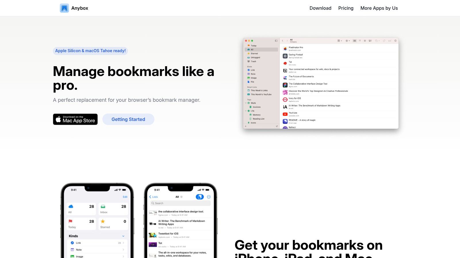 Anybox landing page: the native Mac app with Quick Save, smart lists, and nested folders.