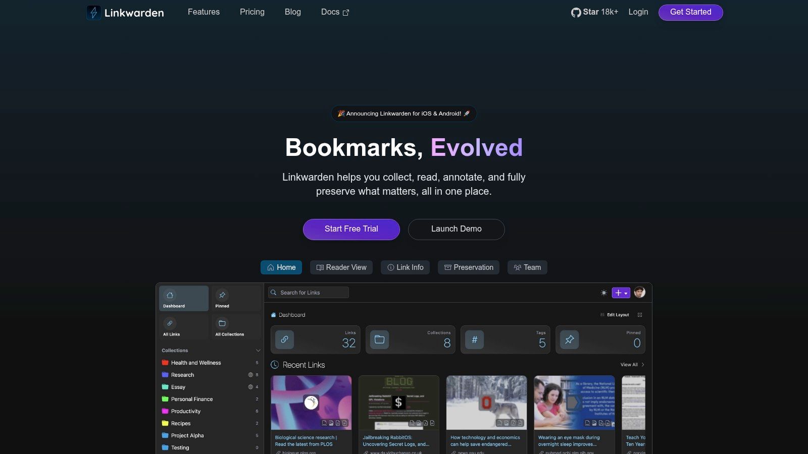 Linkwarden landing page: an open-source, self-hostable bookmark archive with collections and preserved pages.