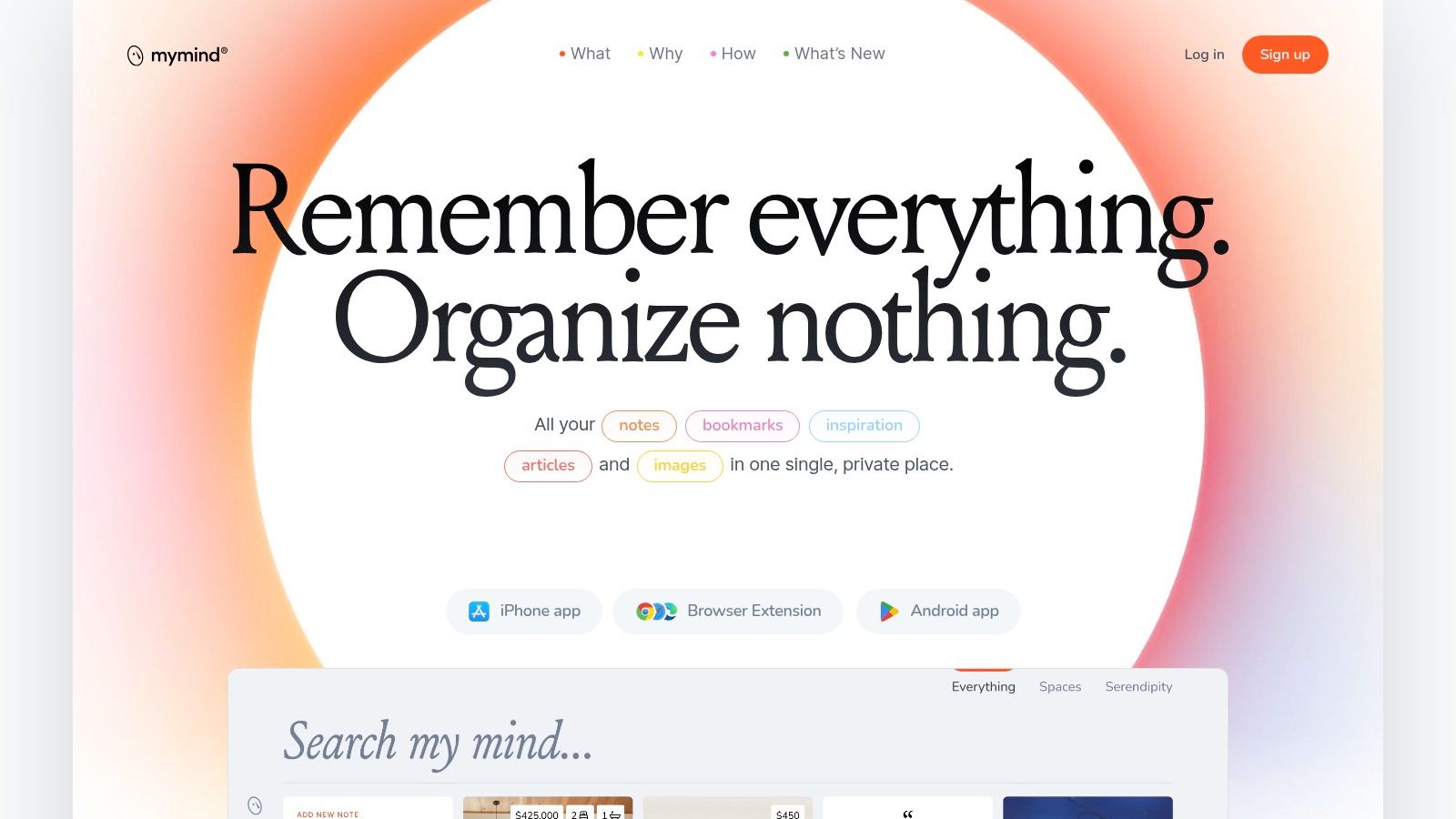 mymind homepage: a calm visual grid of saved images, links, and notes with no folders in sight.