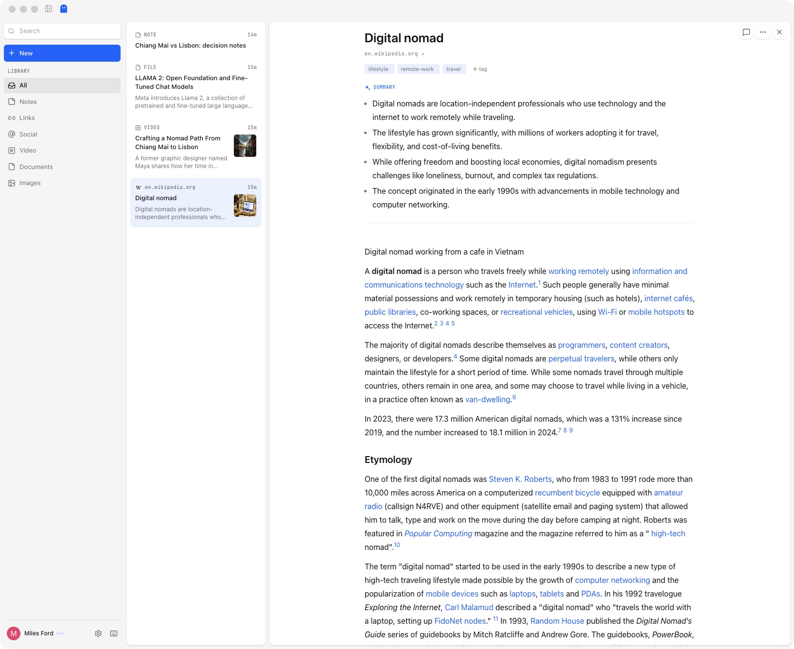 The Sensefold macOS app: a native window with the library list on the left and a saved article open on the right, opened through a sensefold:// deep link