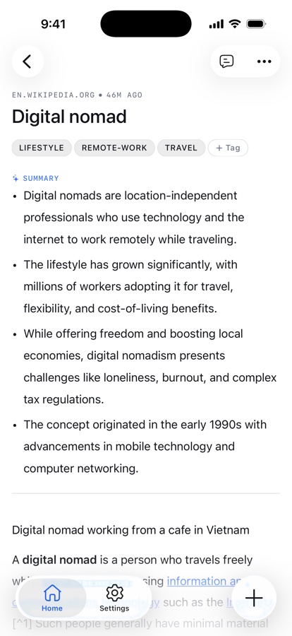 A saved article in the iOS app: source, tags, AI summary bullets, then the readable text