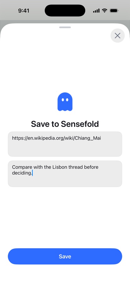 The Save to Sensefold sheet showing the shared link and a comment field above the Save button