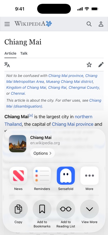 The iOS share sheet over a Wikipedia article in Safari, with Sensefold next to News and Reminders