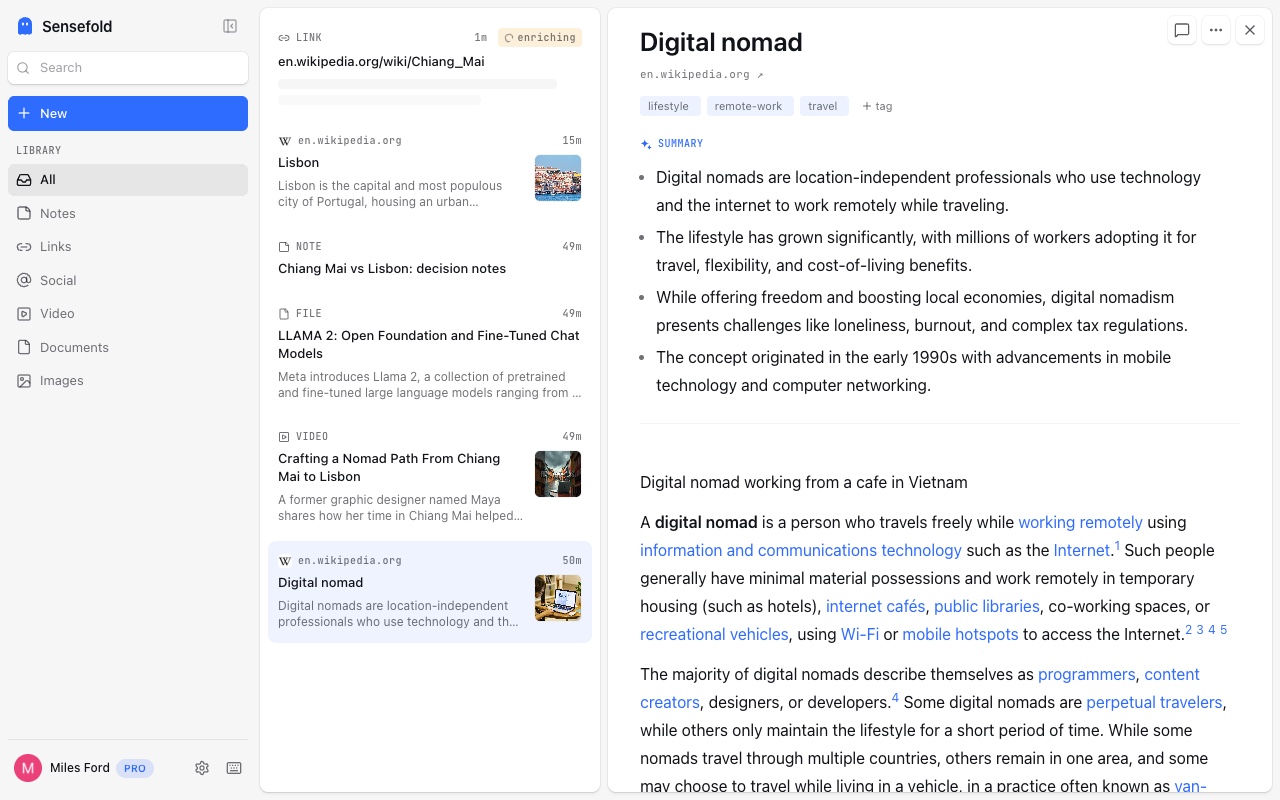 The Sensefold web app: library list on the left, a saved Wikipedia article open on the right with its tags and AI summary above the readable text