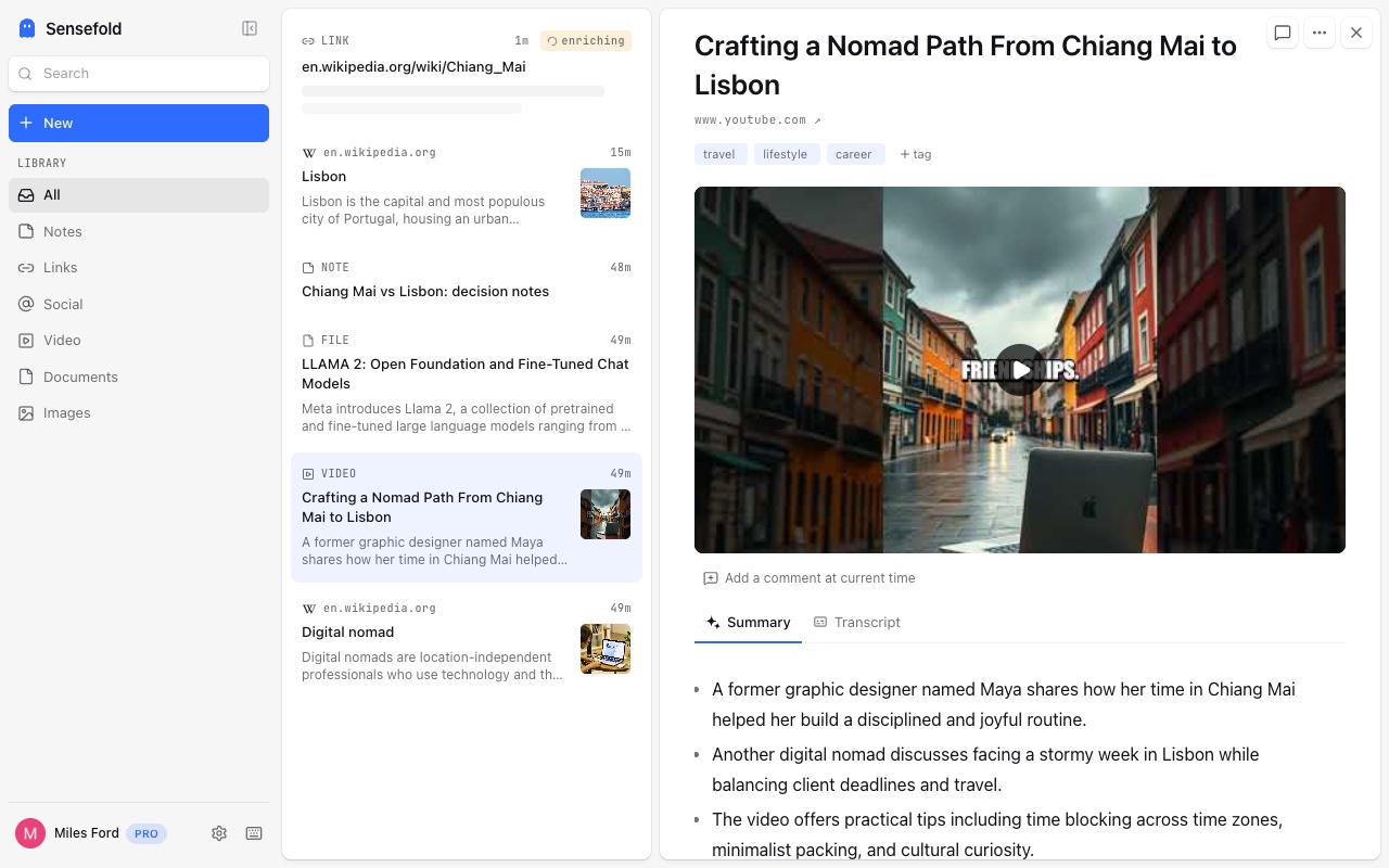 A saved YouTube video in the web app: player, tags, and the Summary and Transcript tabs below it
