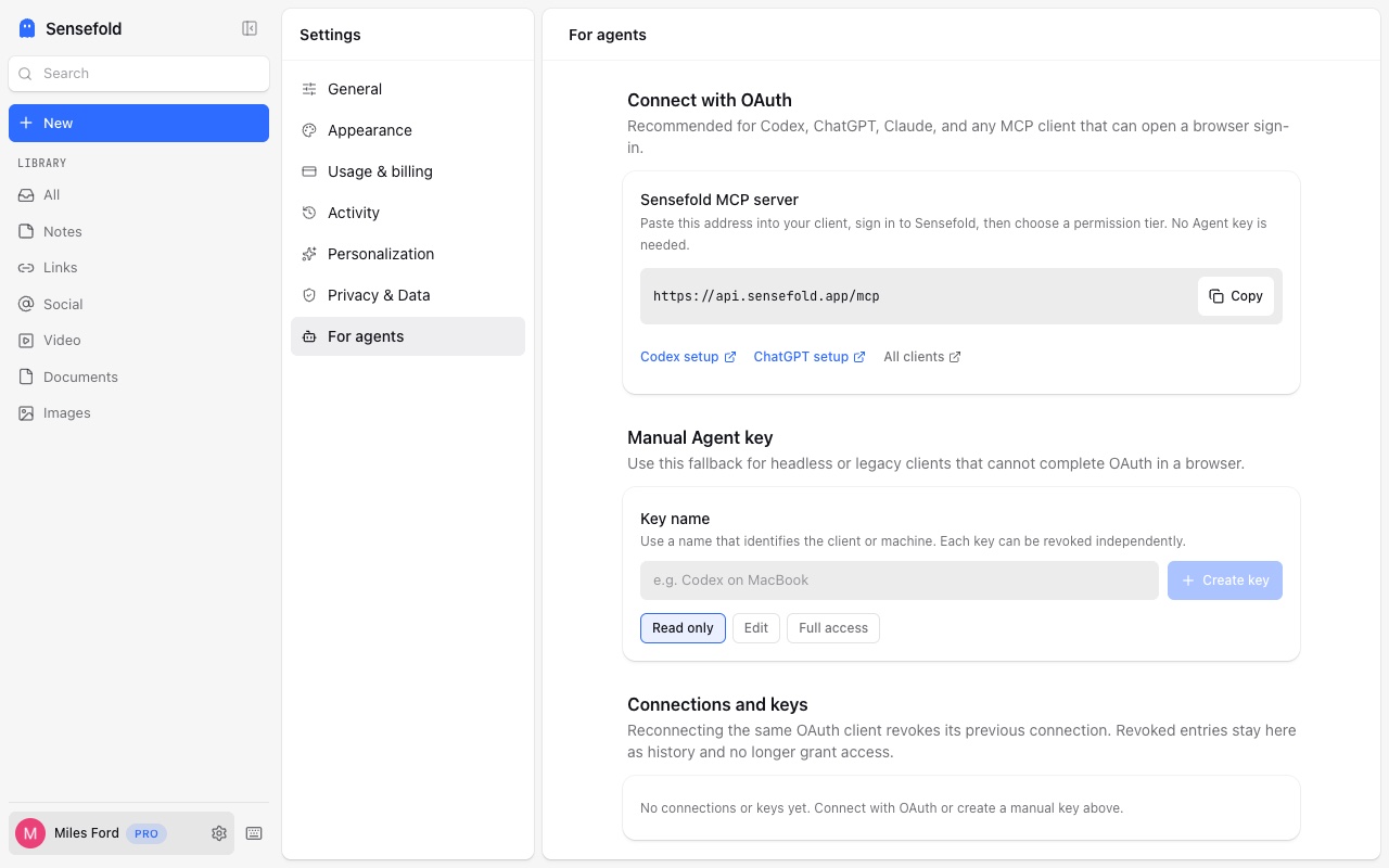 Settings → For agents in the web app: the MCP server address to paste into a client, the manual Agent key form with Read only / Edit / Full access tiers, and the connections list