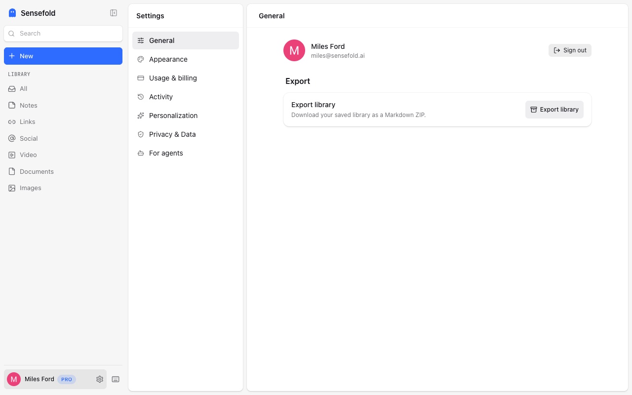 Settings → General in the web app, with the Export library button that downloads the whole library as a Markdown ZIP